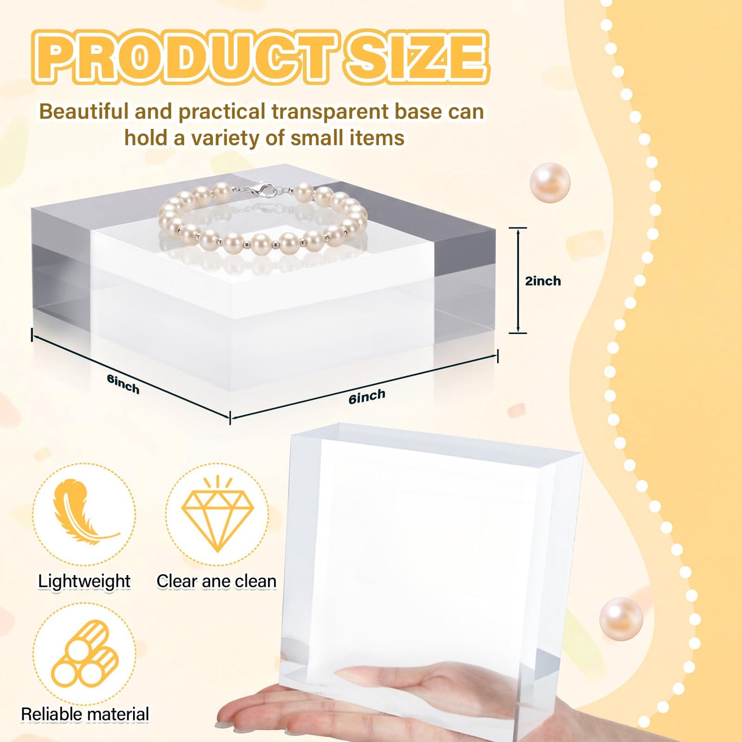 Qunclay 4 Pcs 6 x 6 x 2 Inches Acrylic Square Display Block Clear Polished Acrylic Cubes Jewelry Display Stand for Jewelry Ring Showcase Holder Base Collections