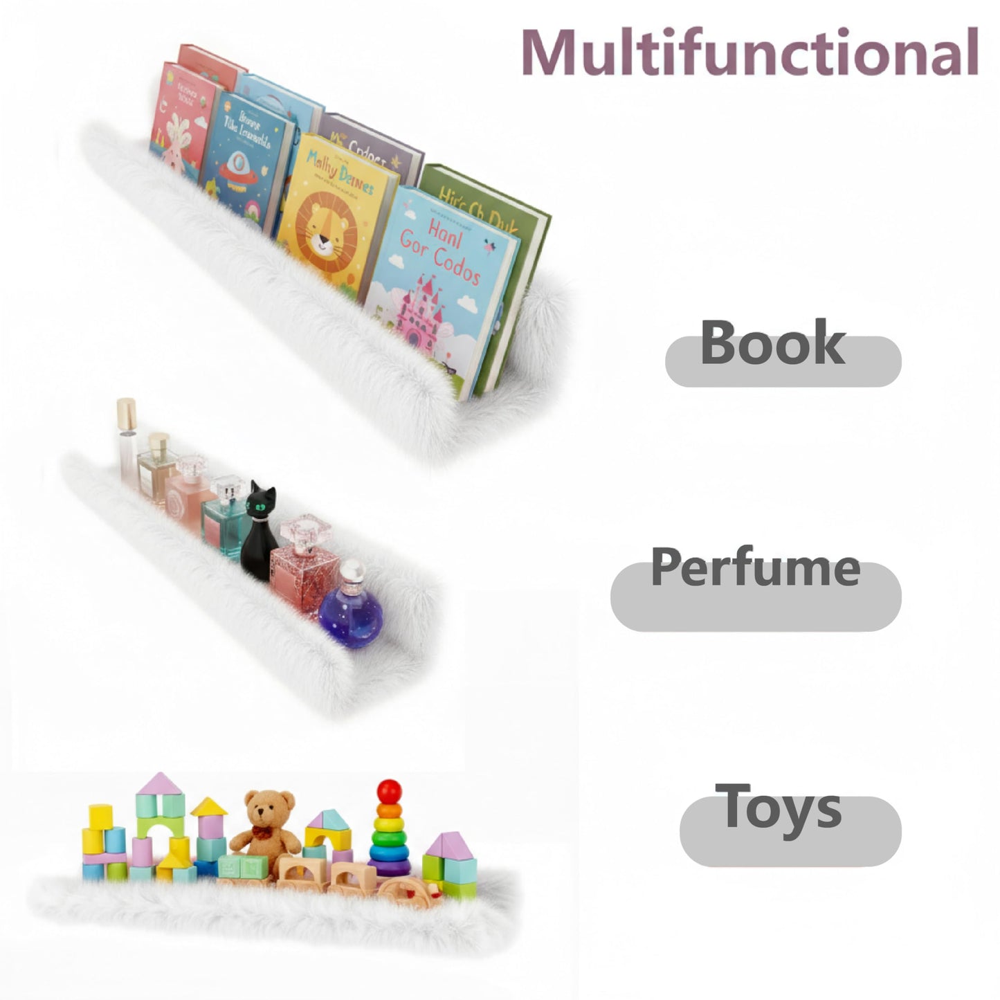 1PC Plush Bookshelf for Kids, Soft Hanging Book Display Shelf for Nursery Wall, Easy Mount Floating Bookshelf Display Organizer, Unique (White)