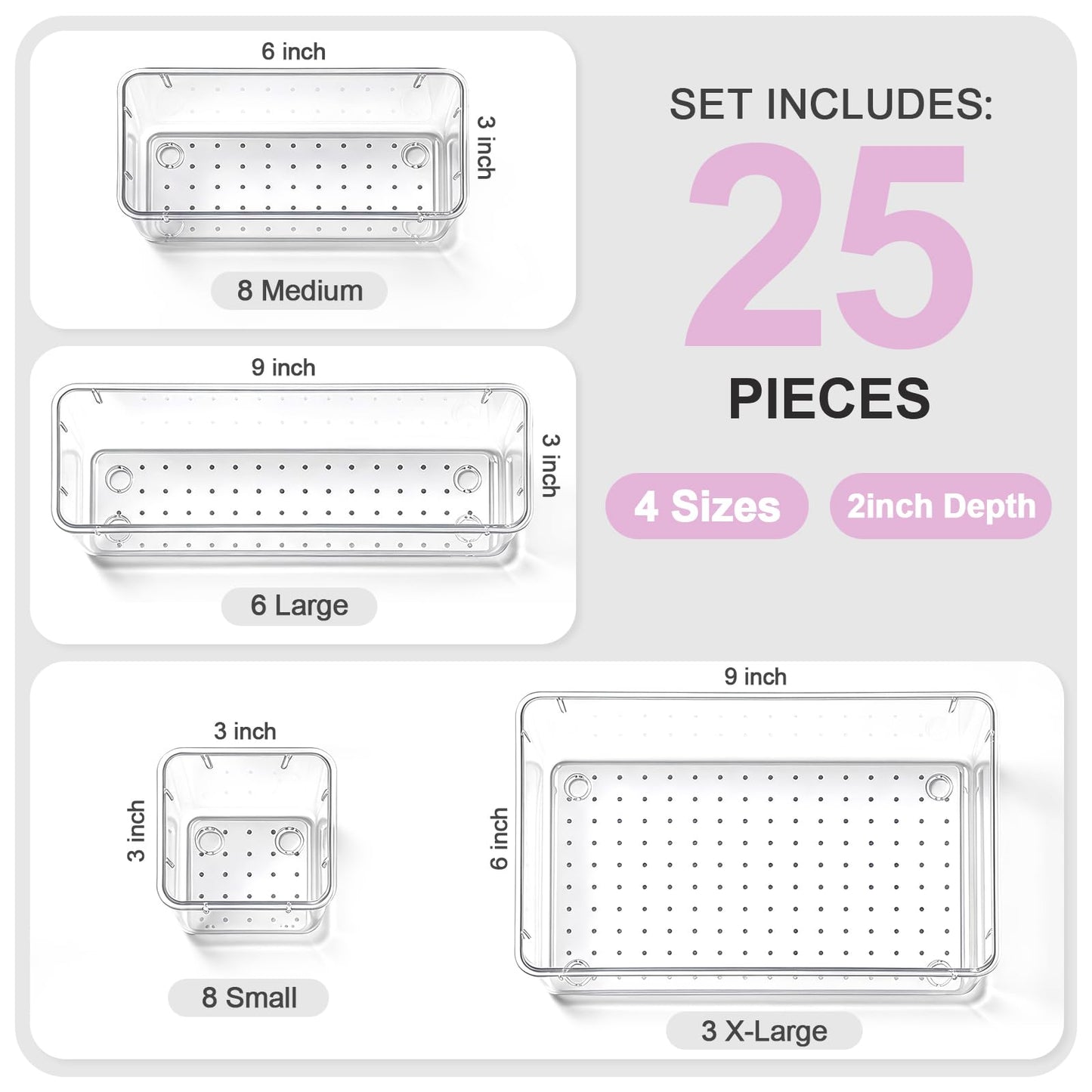 Asnews 25 Pcs Makeup Drawer Organizer Set, 4 Sizes Versatile Bathroom and Vanity Drawer Organizer for Makeup, Non-Slip Desk Organizer Trays for Bedroom, Office, Fits Jewelry and Office Supplies