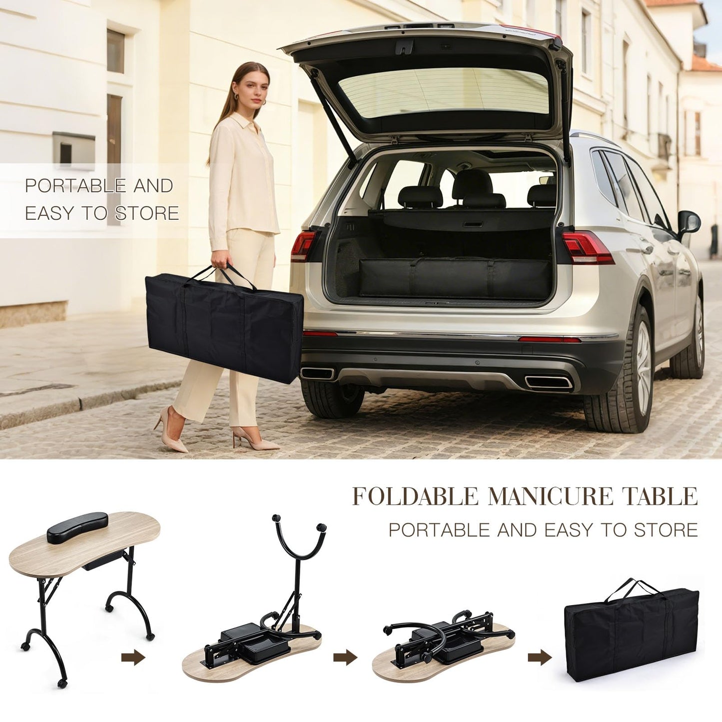 Joligrace Professional Foldable & Portable Manicure Table Nail Technician Desk Workstation 4 Lockable Wheels with Drawer Client Wrist Pad Free Carrying Bag Travel Nail Tech Spa Beauty Table Wooden