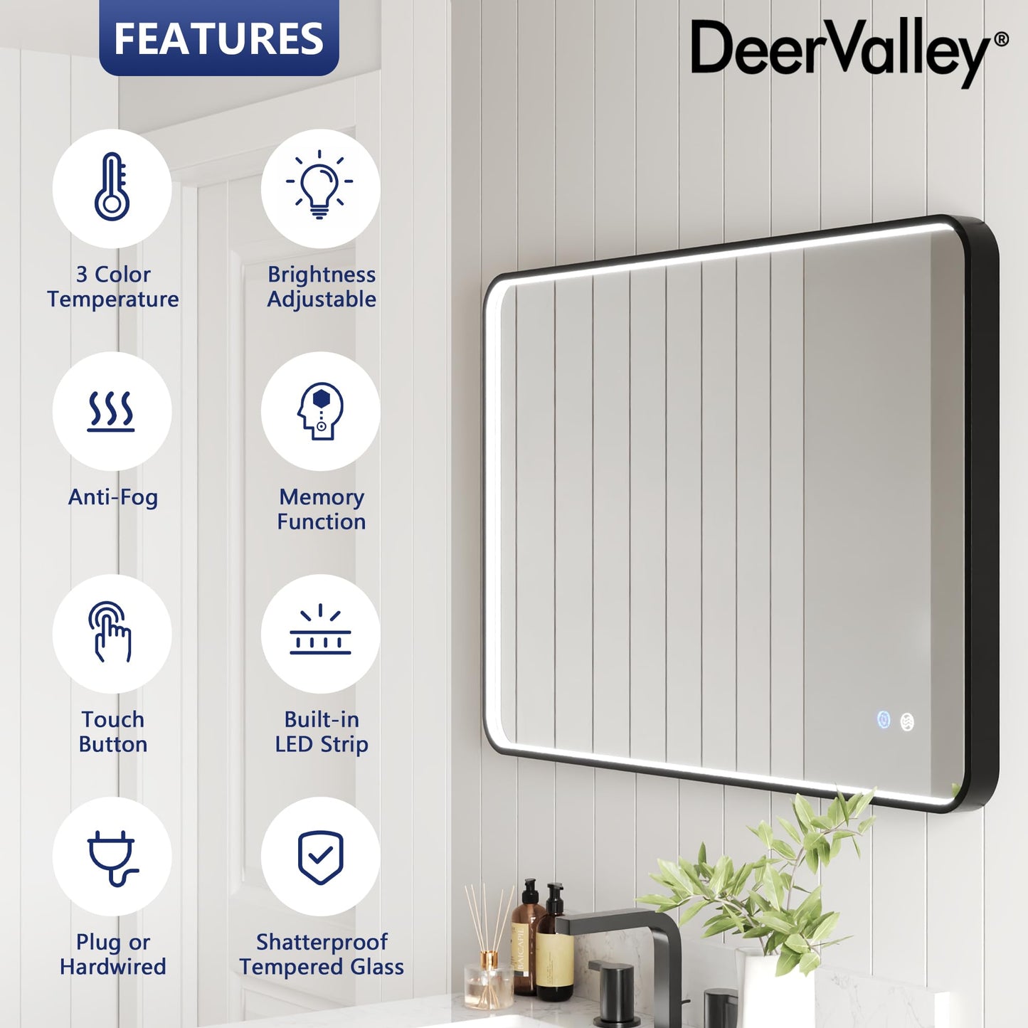 DeerValley 24"x 36" LED Bathroom Vanity Mirror, Wall Mounted Lighted Mirrors with Black Metal Frame, Anti-Fog, Memory Funtion, Stepless Dimmable Wall-Mounted Led Mirror for Bathroom
