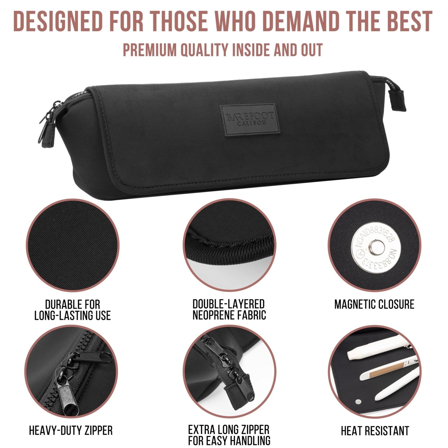 BAREFOOT CARIBOU Hair Tools Travel Bag and Heat Resistant Mat (15.5") for Flat Irons, Straighteners, Curling Iron, Haircare Accessories, 2-in-1 design, Interior Pockets, Portable Organizer (Black)