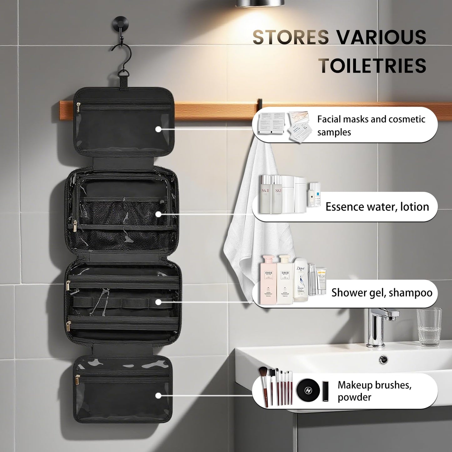 Inmorven Travel Toiletry Bag with Jewelry Organizer, Cosmetic Case, Bathroom Travel Kit with Jewelry Storage