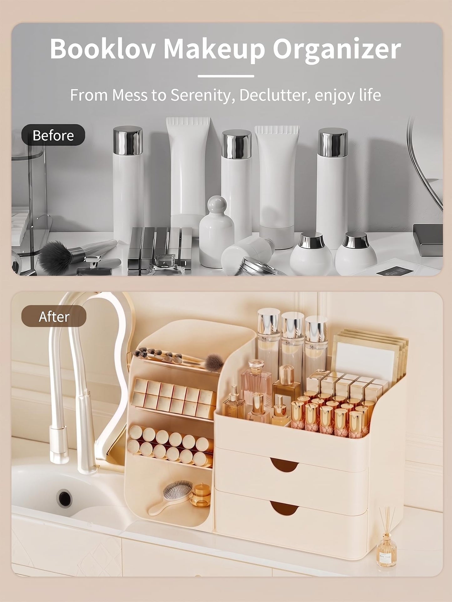 Booklov Makeup Organizer for Vanity, Countertop Cosmetic Display Case with Drawer, Bathroom Counter Beauty Caddy, Comfyroom Table Storage Holder for Skincare, Brush Eyeliner Eyeshadow Lipsticks, Creem