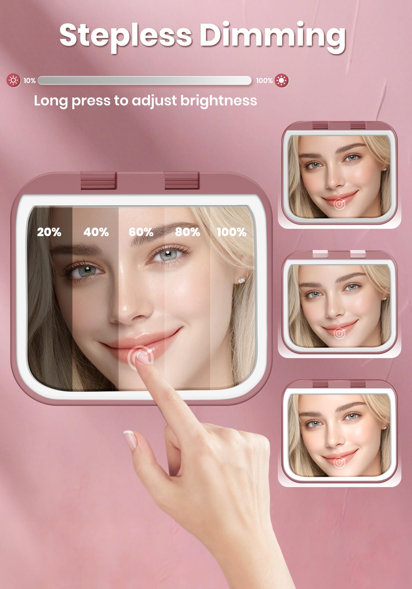 SisKokoro Magnifying Mirror with Light, Rechargeable 40X Compact Mirror with 3 Lighting Modes & Dimmable Brightness, Portable Travel Makeup Mirror with Light, Essentials for Travel, Pocket Purse Rose