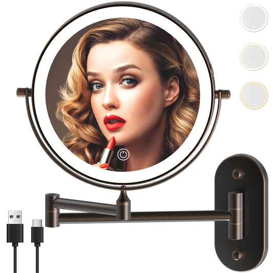 MIROAMZ Rechargeable Wall Mounted Lighted Makeup Vanity Mirror 8 Inch Double Sided 1X 10X Magnifying Bathroom Mirror, 3 Color Lighting, Touch Screen Dimming, 360 Rotation Oil Rubbed Bronze