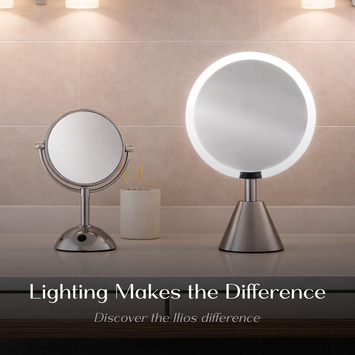 Ilios Lighting 9" Lighted Makeup Mirror with 5X Magnification – Rechargeable LED Vanity Mirror, Adjustable Lighting (3200K–6500K), 1000 Lux Brightness, Stepless Dimming (Silver)