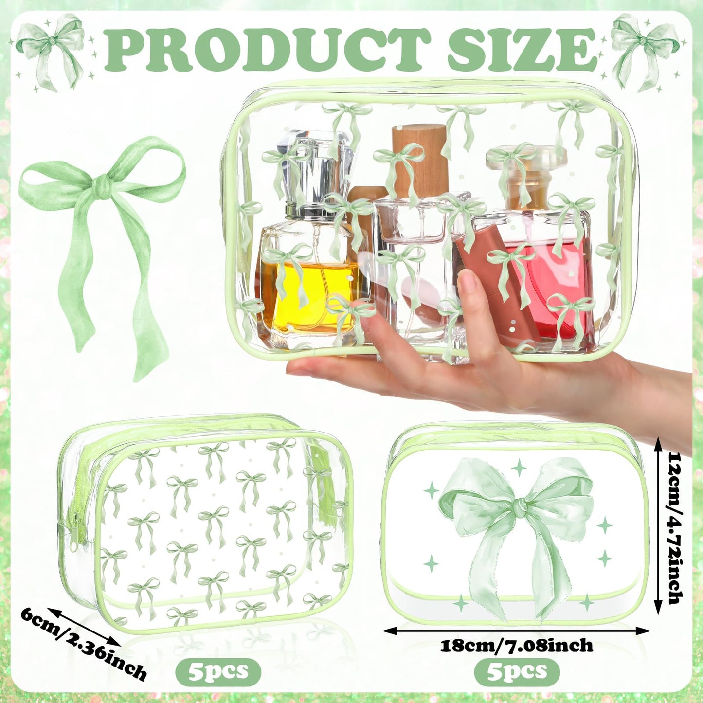 Kacctyen 10 Pcs Sage Green Bow Makeup Bags Bulk Gifts for Girl Women Birthday Party Favors Coquette Pastel Bow PVC Clear Cosmetic Bags Waterproof Travel Toiletry Pouch for Party Favors