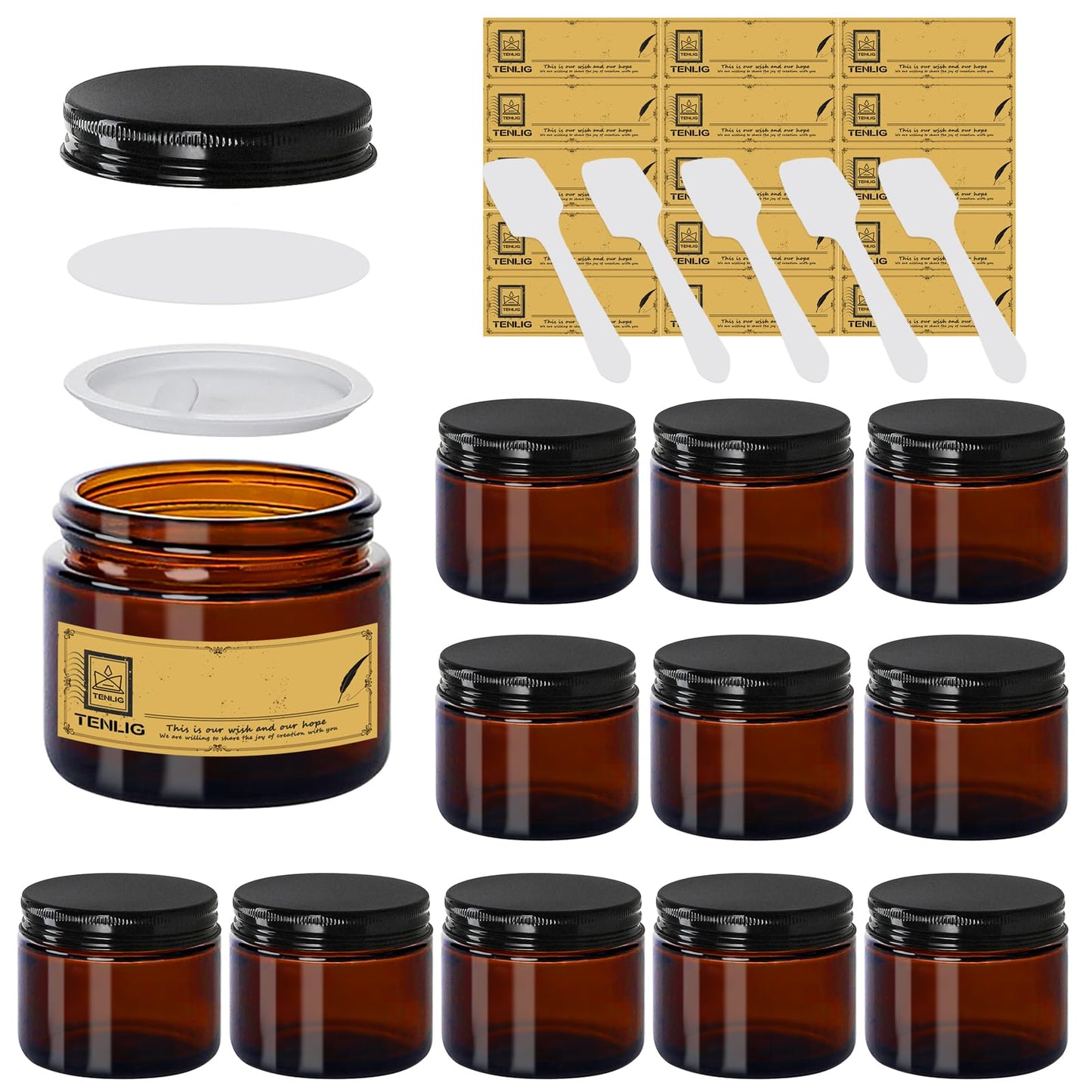 TENLIG 2 oz Glass Jars with Lids,Amber,12 Pack Empty Cosmetic Containers with Inner lids and Inner Liners,Black Metal Lid,Refillable Round Airtight Jars,Use to store Lotion,Powders,Candle Making