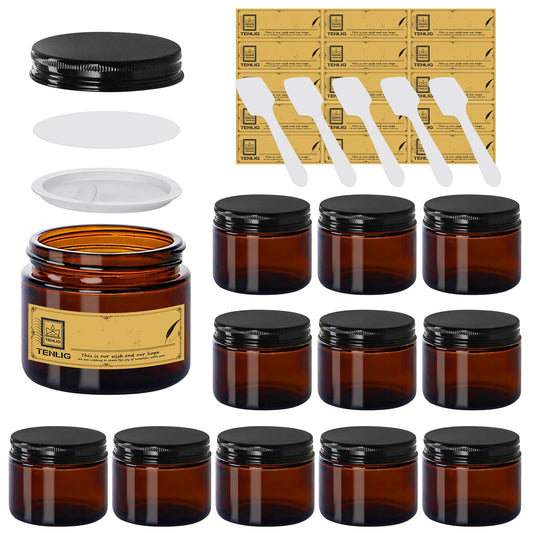TENLIG 2 oz Glass Jars with Lids,Amber,12 Pack Empty Cosmetic Containers with Inner lids and Inner Liners,Black Metal Lid,Refillable Round Airtight Jars,Use to store Lotion,Powders,Candle Making