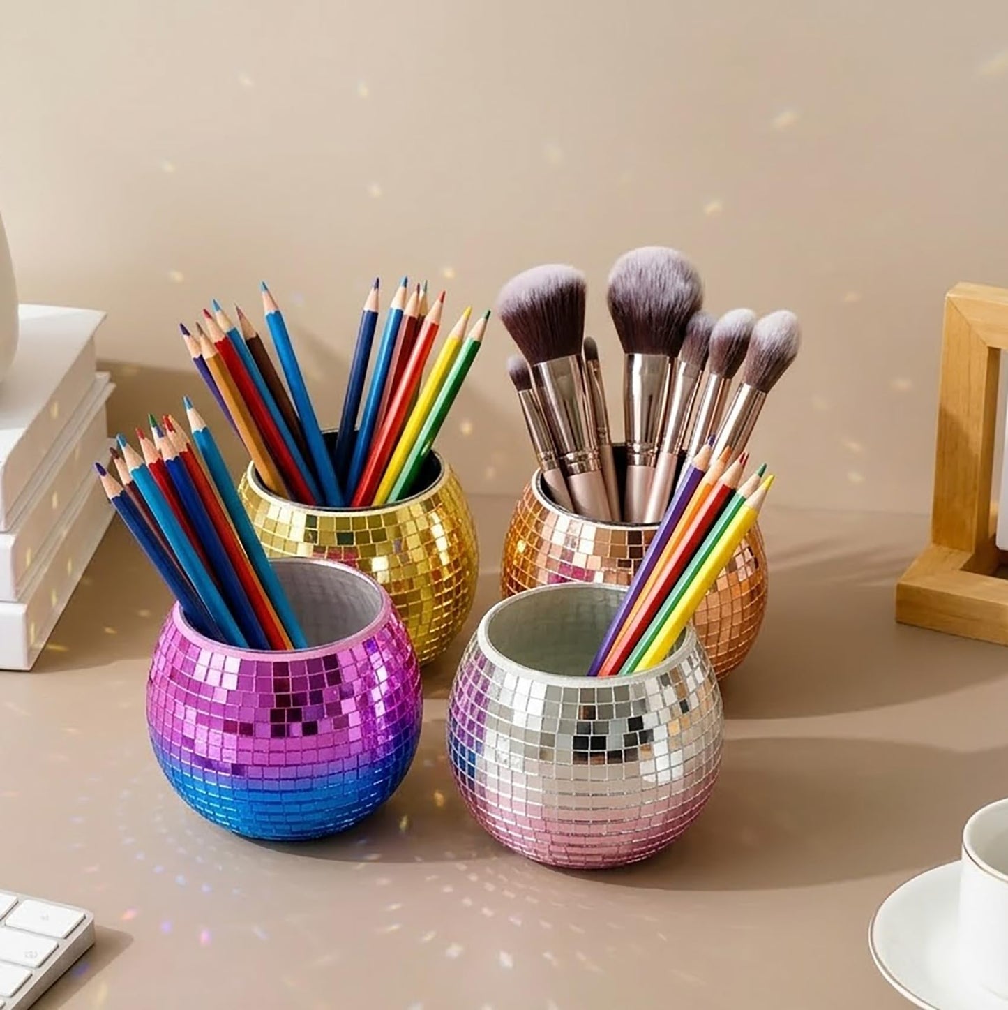 Choary 2 Pack Glass Disco Ball Makeup Brush with Smooth Grouting - Premium Mirror Mosaic Pencil Cup for Desk, Cute Pen Holder, Aesthetic Room Decor Gift (silver)