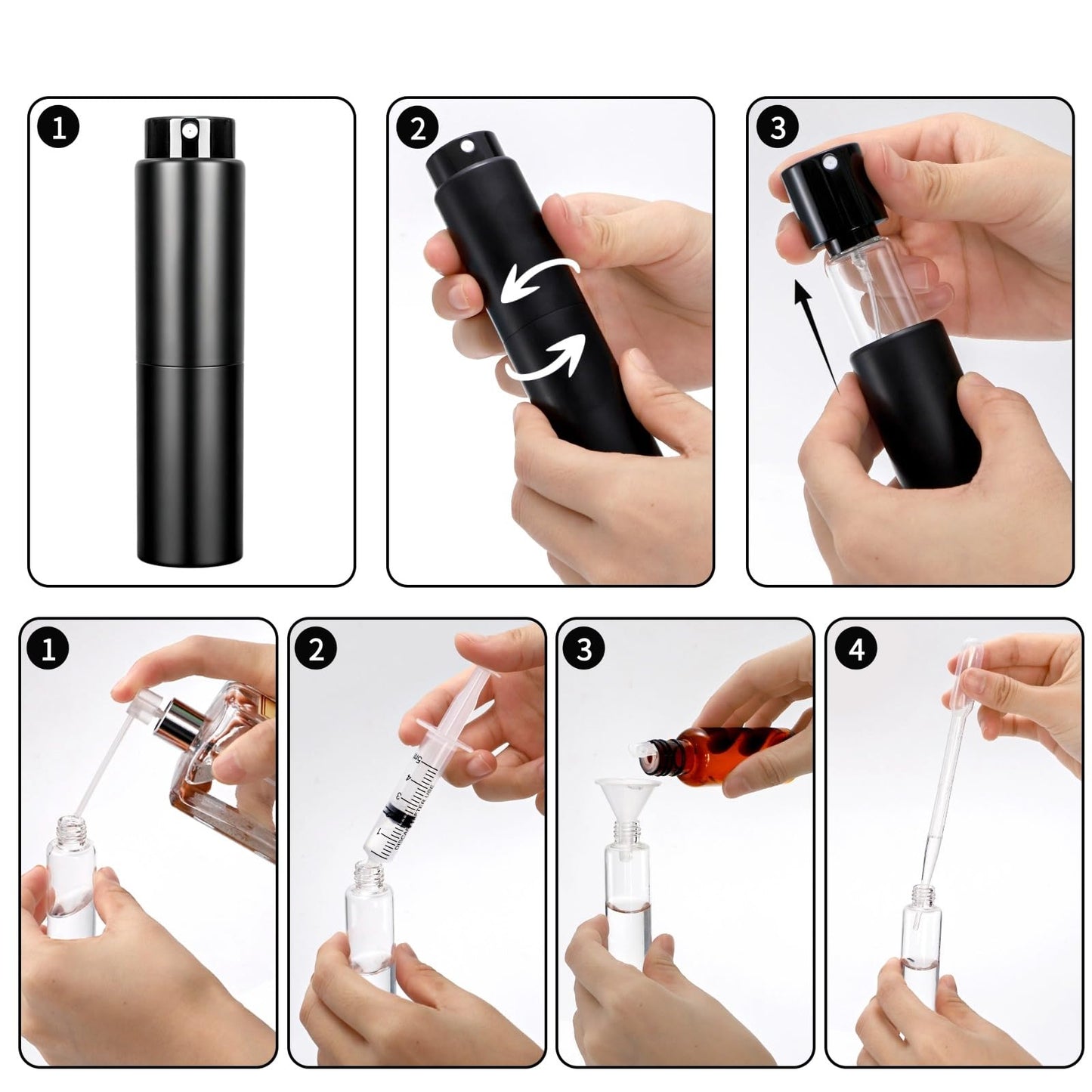 Mezchi 6 Pack 20ml Cologne Travel Bottle, Refillable Perfume Atomizer, Leakproof Travel Perfume Spray Bottle with Dispenser Tool, Empty Portable Fragrance Sprayer for Man, Woman, Black