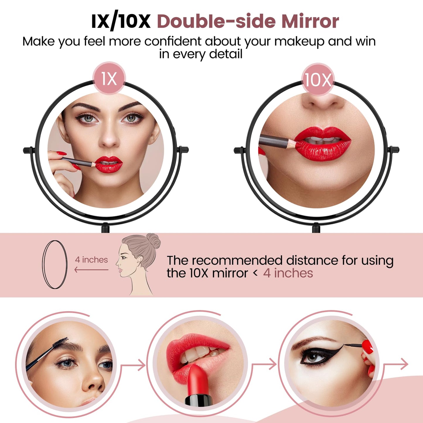 AumVum 8" Vanity Mirror with Lights Rechargeable, 1X/10X Magnifying Makeup Mirror with Touch Screen, 54 LED Adjustable Brightness, 3 Color Modes, 360° Rotation for Tabletop & Bedroom