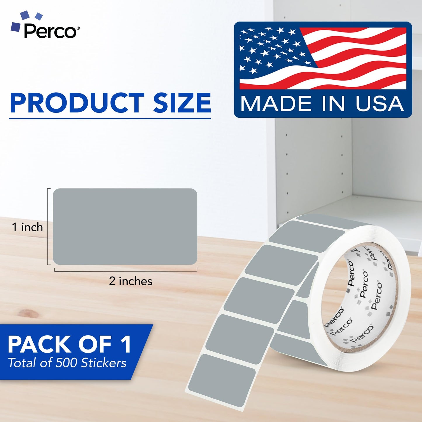 Perco Grey 1x2 Inch Labels with Perforation for Easy Tear-Off — 500 Stickers Per Roll — Strong Adhesion, Subtle Secondary Labels for Product Info & Low-Priority Identification — Made in USA