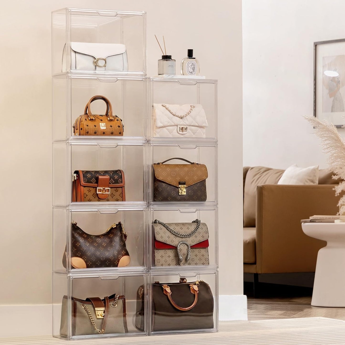 HBlife 4 Pack Purse Storage Organizer for Closet, Large Clear Stackable Handbag Display Case Box with Magnetic Door for Collectibles, Cosmetics, Women Heels and Toys