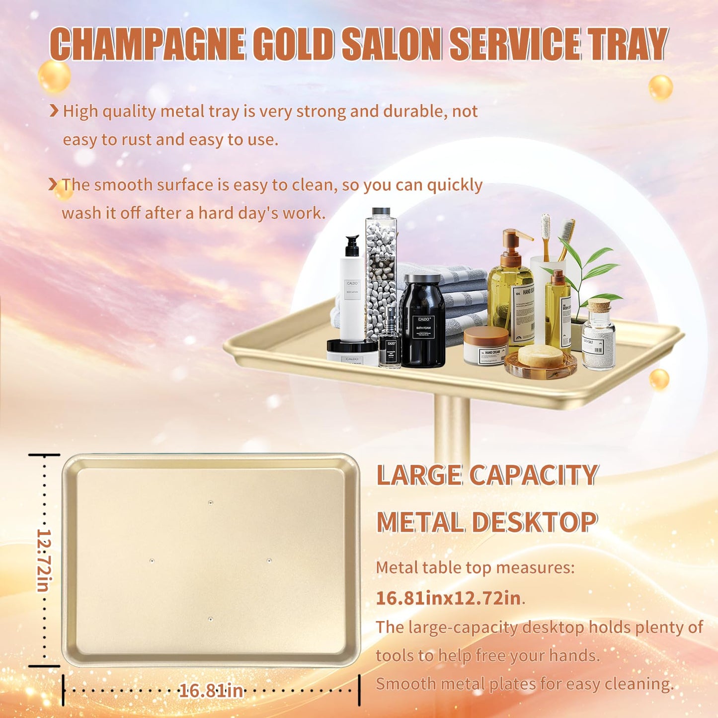 Salon Tray on Wheels, Champagne Gold Salon Rolling Tray with Adjustable Height, Metal Service Instrument Storage Tray for Salon&Home Use