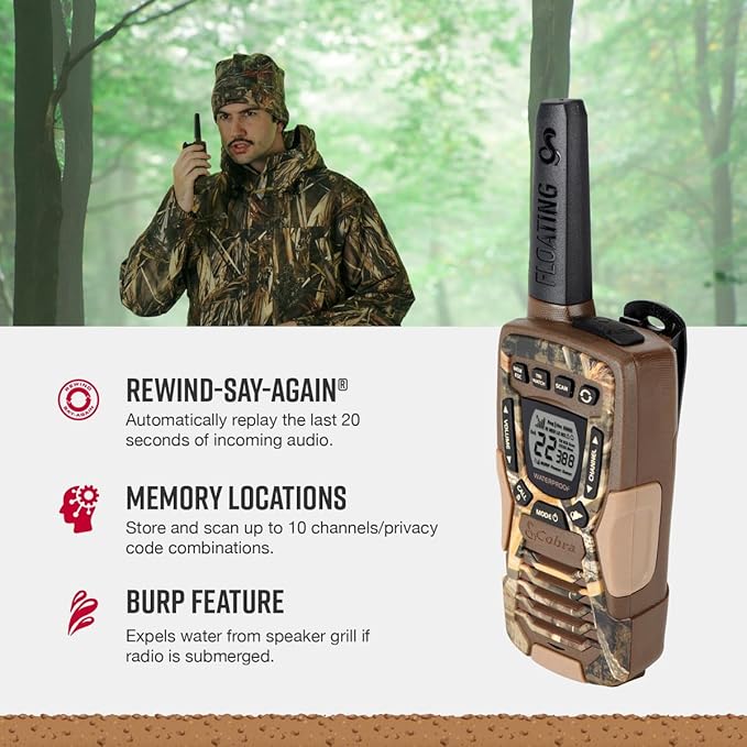 Bundle of Cobra ACXT1035R FLT CAMO Waterproof Walkie Talkies (2-Pack) + Cobra ACXT1037R FLT Floating Walkie Talkie (1-Pack)
