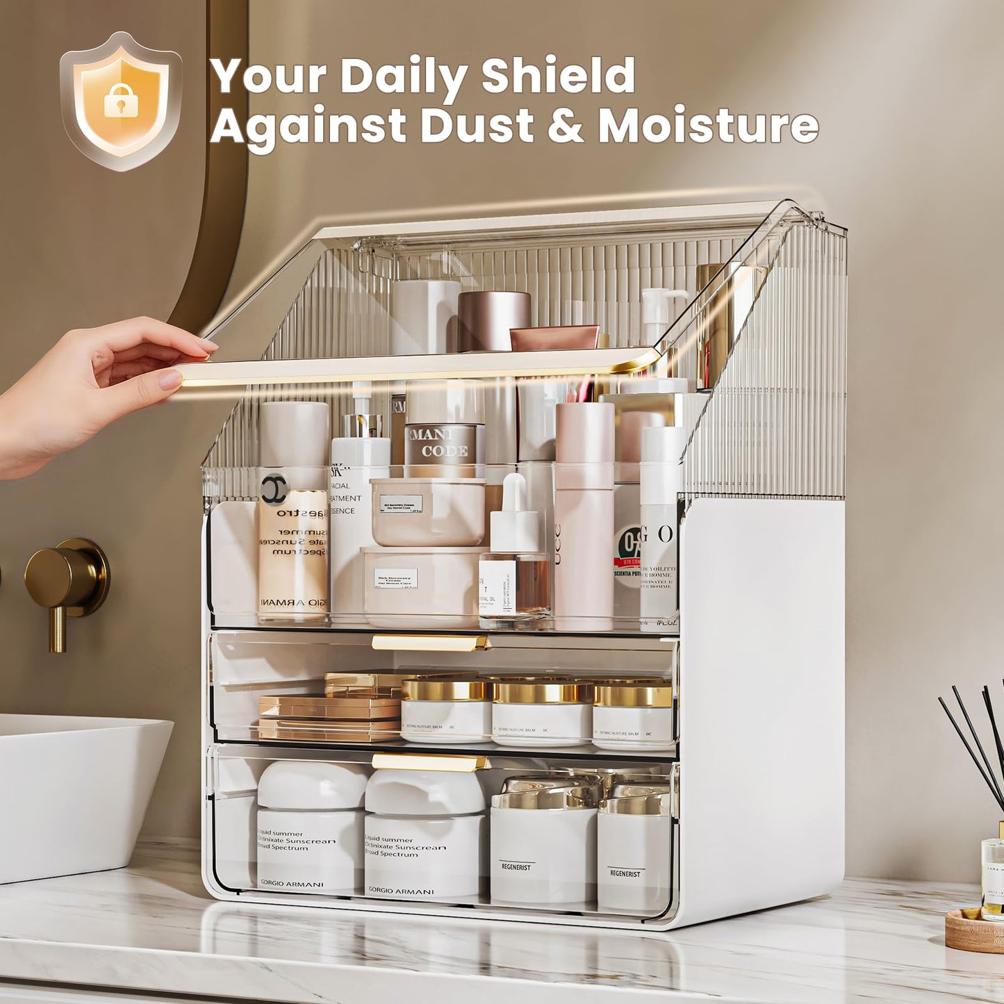 3-Tier Bathroom Countertop Makeup Organizer - Big Make Up Storage with Slide-Out Tray & Bottom Drawer, Transparent Acrylic for Cosmetics Brushes Lipsticks Skincare