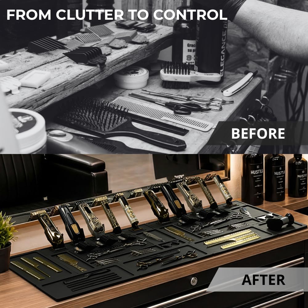 HAPPYPOSH Magnetic Barber Mats for Clippers, 7-Piece Modular Barber Station Organizer, Extra Large Barber Workstation Mat with 10 Strong Magnets, Non-Slip Professional Barber Tool Organizer
