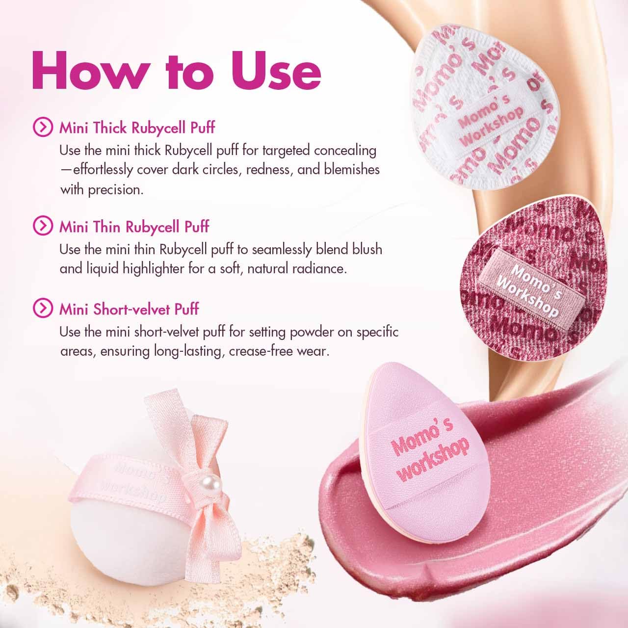 Momo's Workshop Mini Denim Makeup Sponge Set,Mini Makeup Blenders Sponge for Concealer/Blush/Highlighter, Perfect for Detail Work & Travel,4pcs Pink Mini Concealer Puffs with Travel Pouch