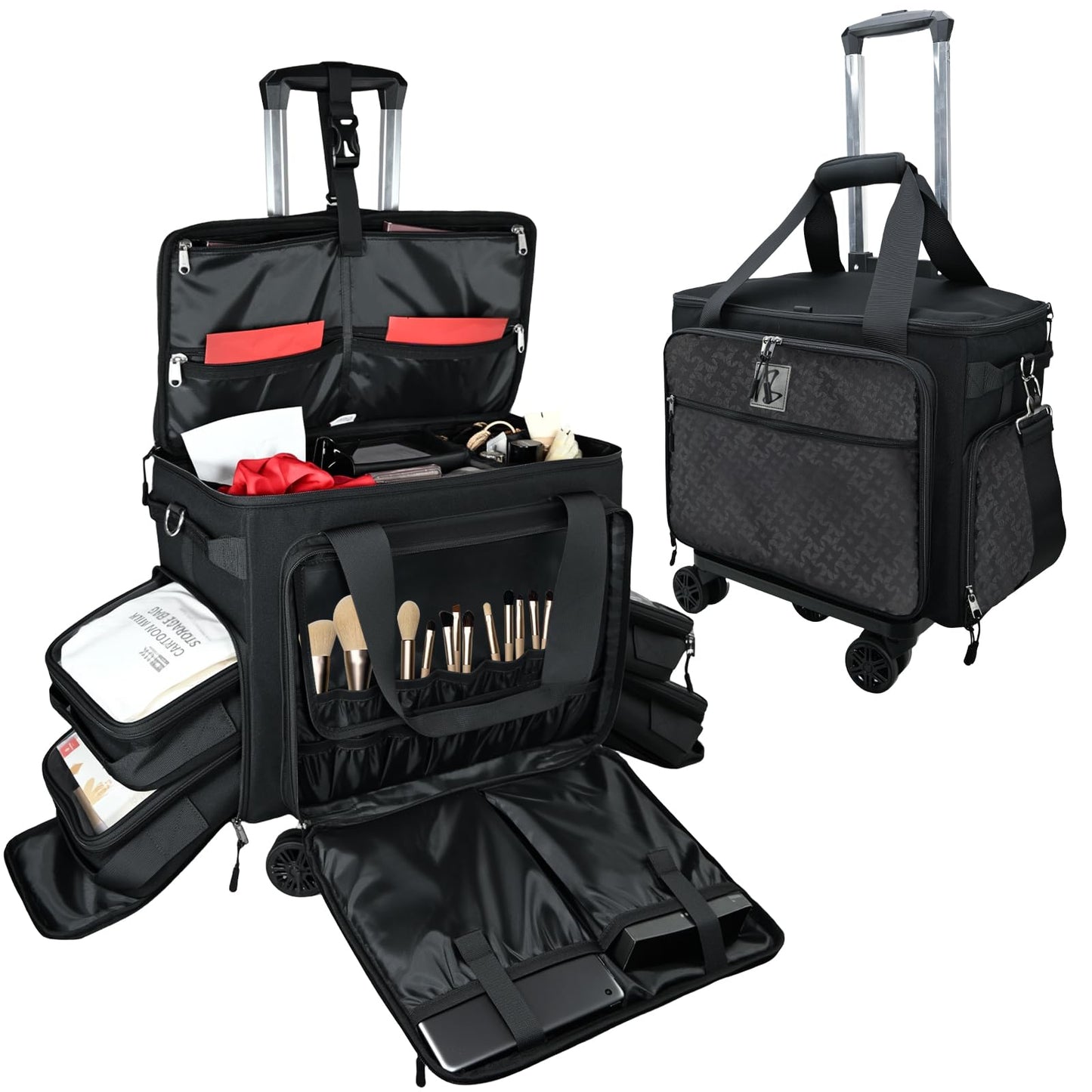 BatlFrist Rolling Makeup Train Case Rolling Cosmetic BagRolling Medicine Bag with 4 Removable Bags, with Brushes Storage Section. with Detachable Dividers (Patent Design)(Black)