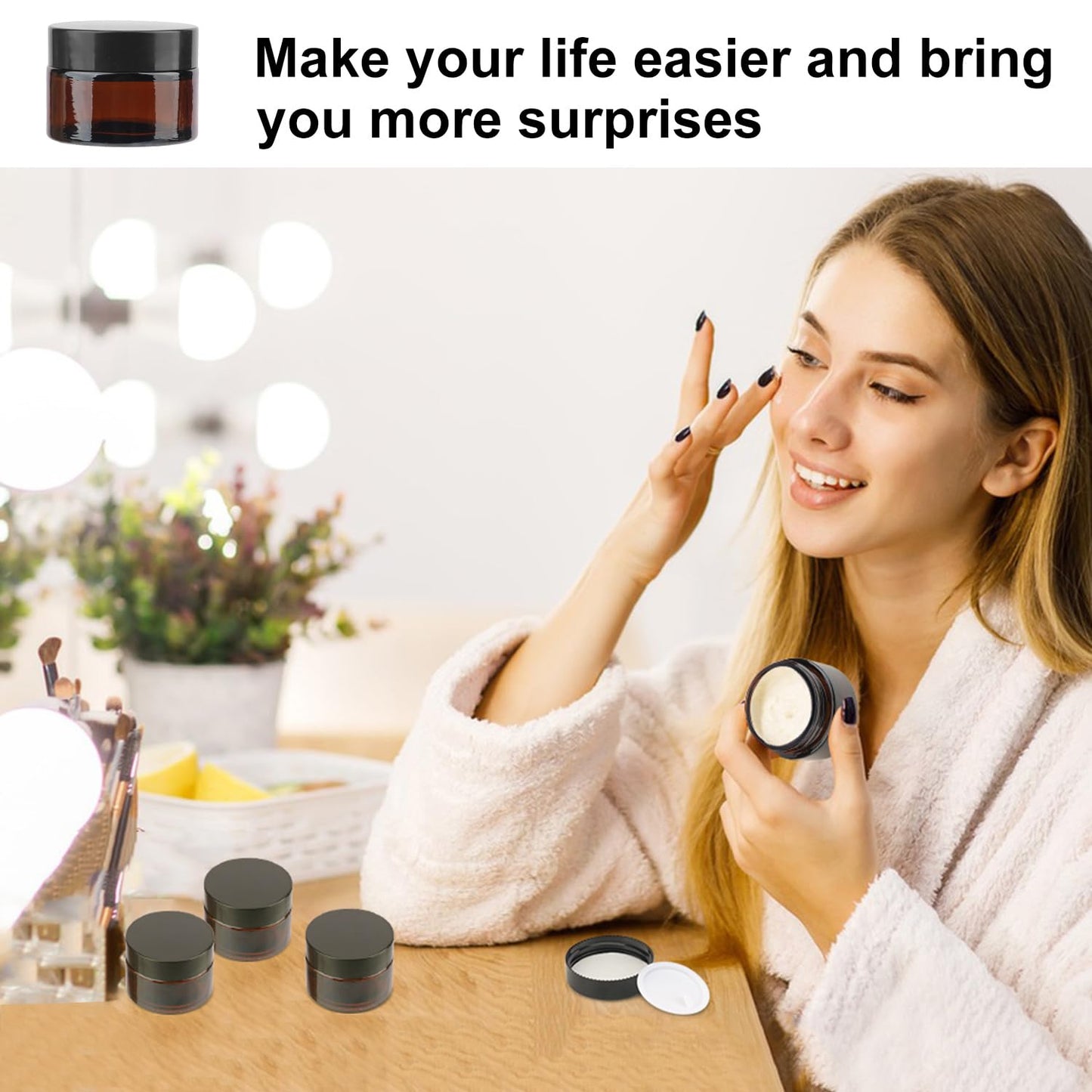 Yiksonyo 50 Pack 1 oz Amber Glass Jars with Black Lids, Amber Glass Containers with Inner Liners for Cosmetics, Lotions, Salves, and More(Amber & Black Lid)