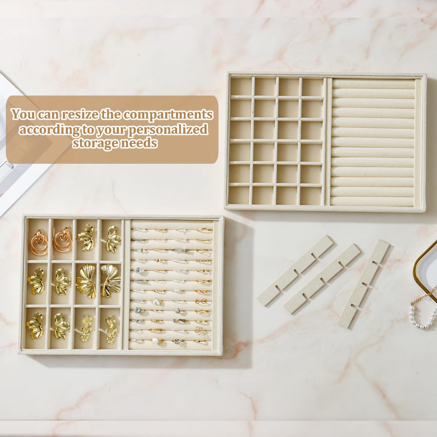 KATISYIO Large Jewelry Drawer Organizer Trays Set of 4, Stackable Velvet Jewelry Trays Organizer Holder Display Storage Showcase for Earring Necklace Bracelet Ring Accessary (Beige, R1+R2+16+24 Grids)