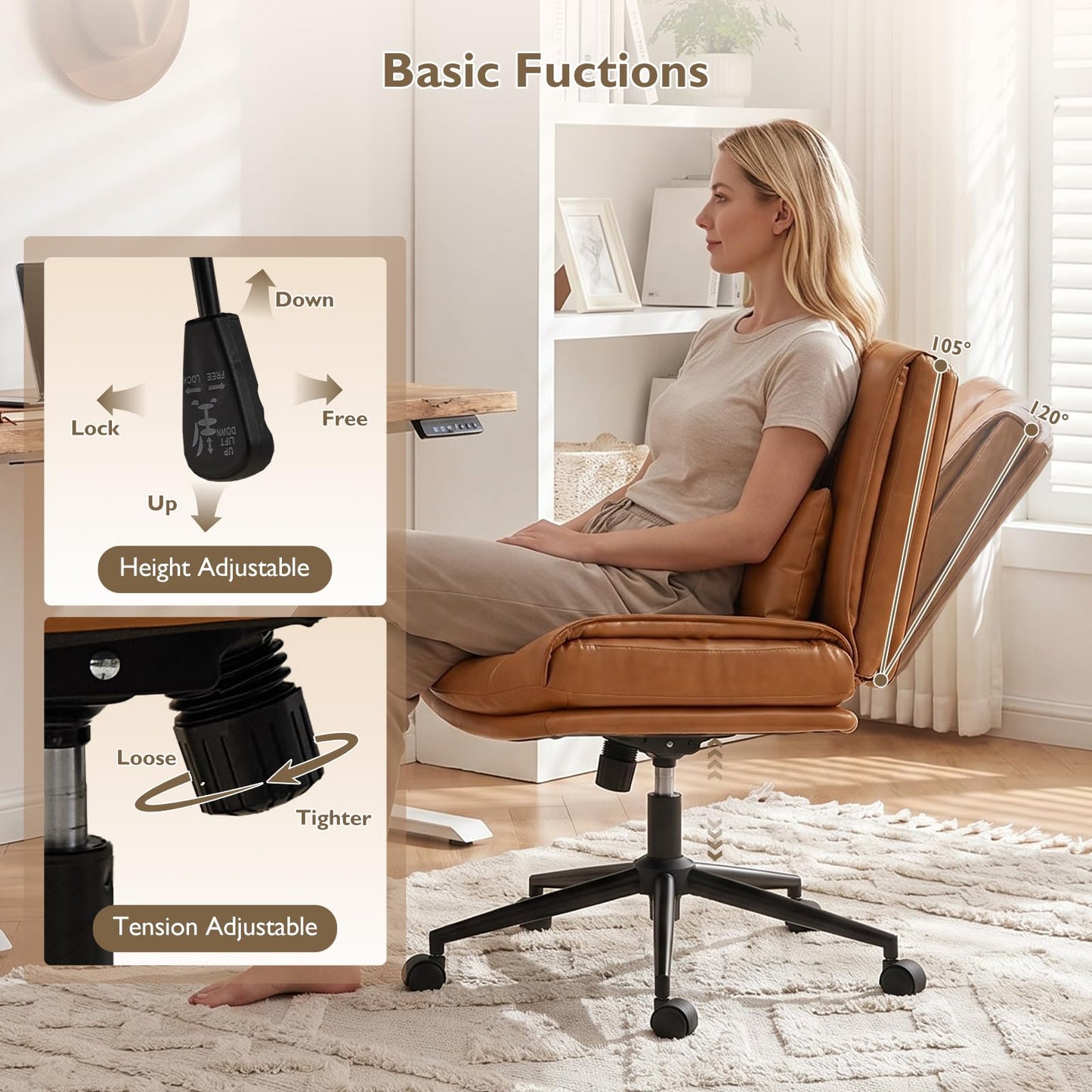 BIAOZHIKE Armless Criss Cross Office Chair with Wheels,PU Leather Brown