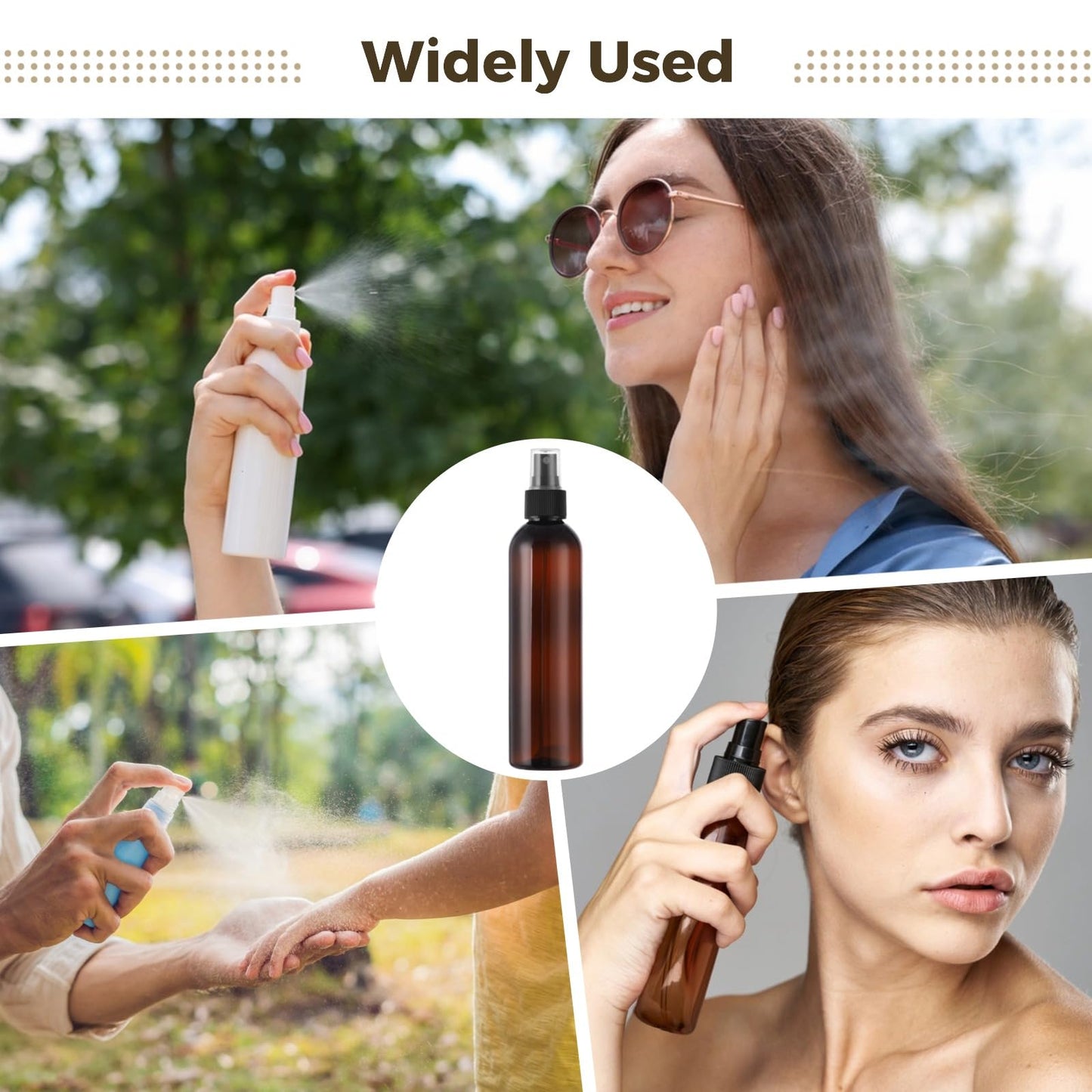 32 Pcs Plastic Amber Spray Bottles 8 oz - Small Fine Mist Cleaning Bottles, Empty Refillable Atomizer Containers, Portable Leak-proof Travel Dispenser Bottles for Essential Oils, Perfume Products