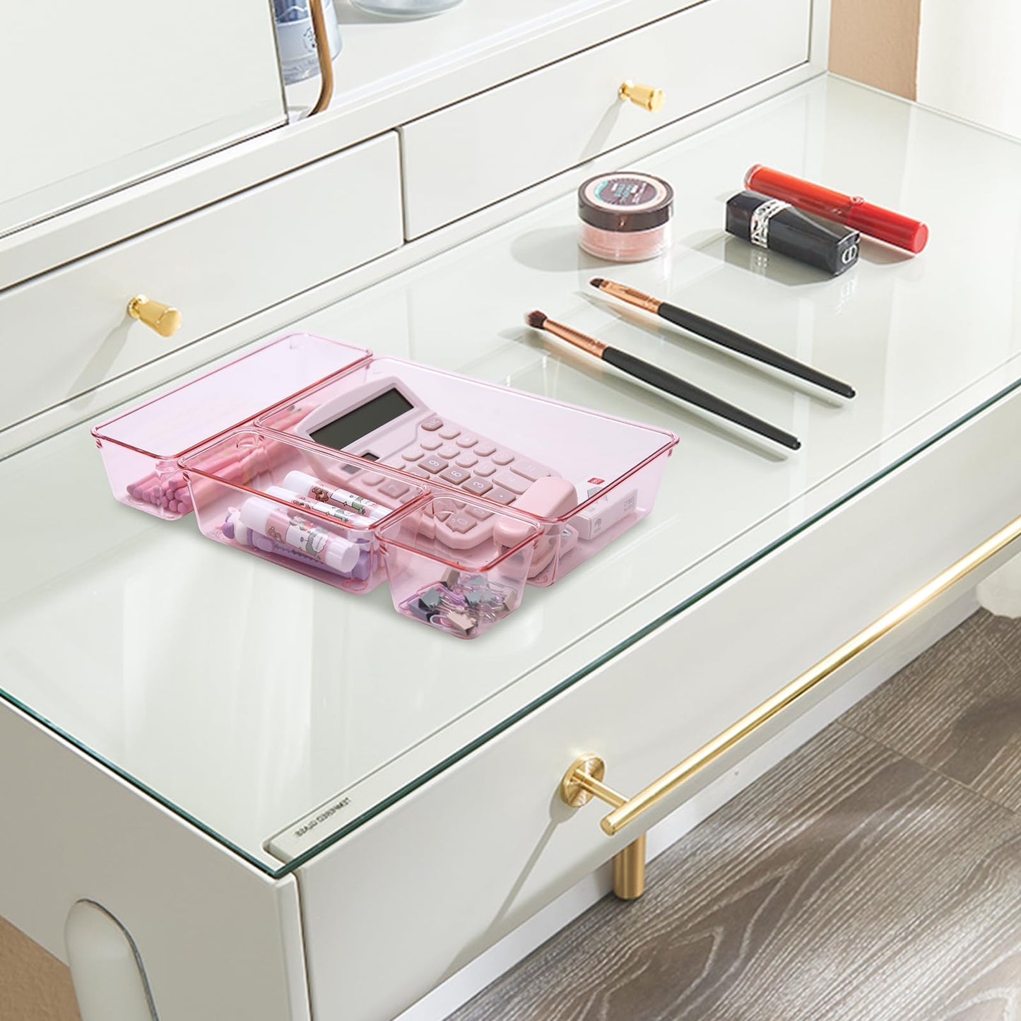 Trotianingyu Kitchen Desk Drawer Organizers Storage for Office, Small Acrylic Vanity Trays Makeup Organizer for Drawer Bathroom Plastic Make up Organizers 25 Pcs Pink