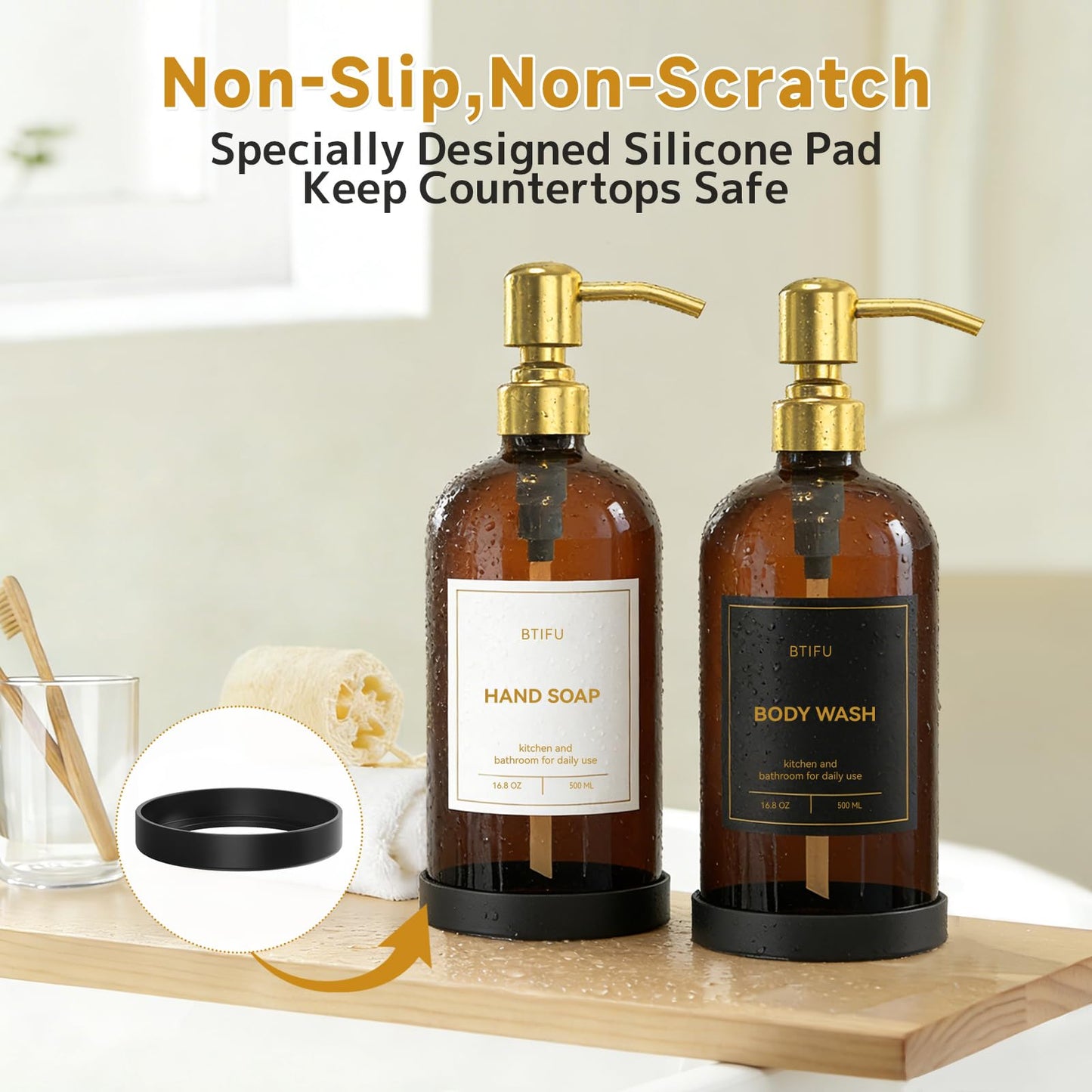 Kitchen Soap Dispenser Set – 16.8oz/500ml Glass Hand and Dish Soap Dispenser with Stainless Steel Pumps & Non-Slip Silicone Base, Luxury Countertop Decor for Home, Airbnb, Office (Amber & Gold)