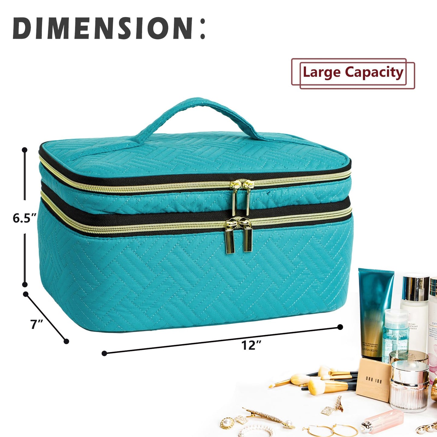 AMOIGEE Large Makeup Bag, Travel Makeup Bag Organizer, Double Layer Train Case Makeup Bag, Toiletry Bag for Makeup Brushes, Full Size Bottles, Palettes Sponge, Cosmetic Organizer