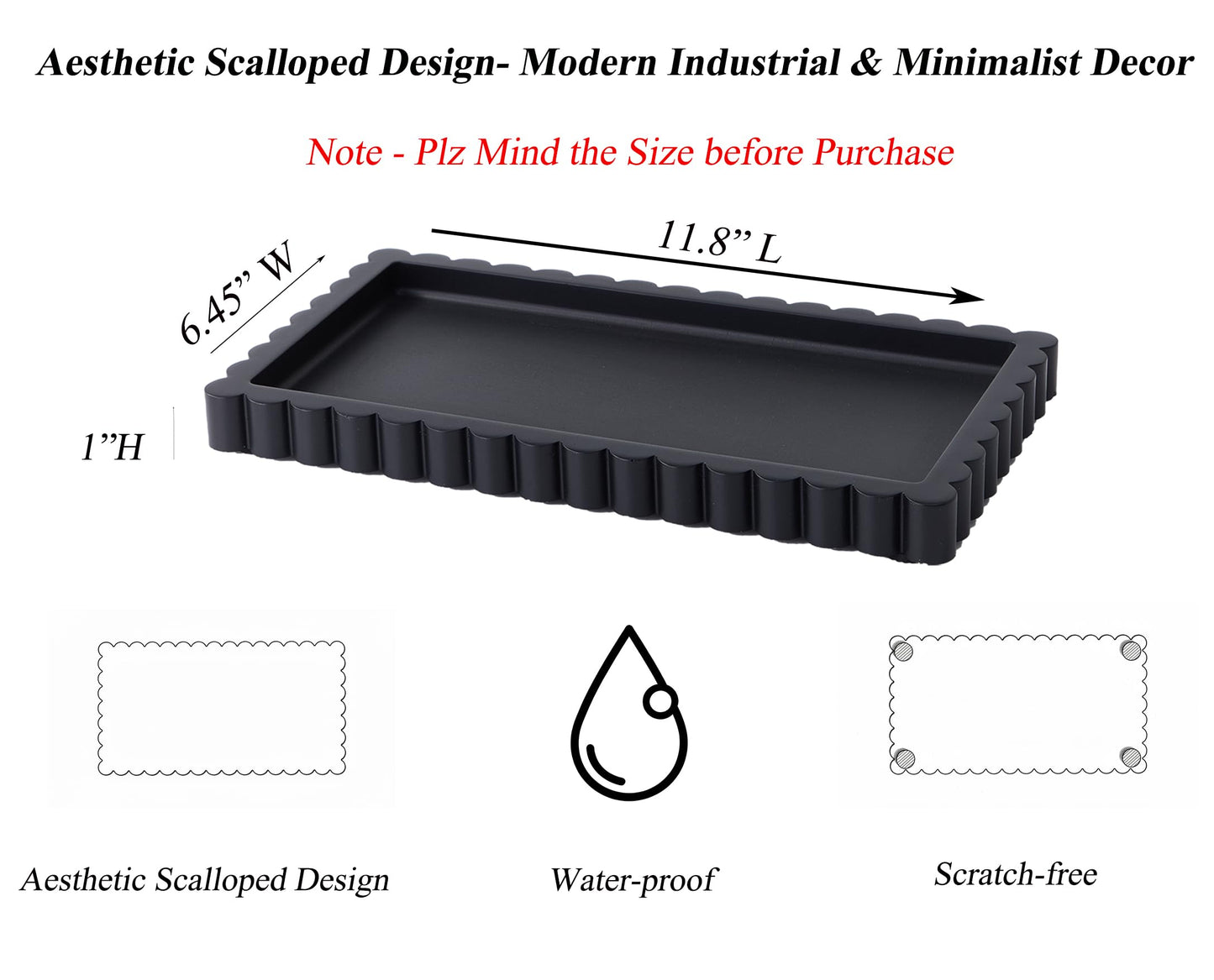 Scalloped Bathroom Vanity Tray for Countertop- Small Concrete Modern Industrial Minimalist Counter Vanity Organizer Tray for Dresser- Decorative Tray-11.8"L x 6.37"W x 1"H- Charcoal Black- Water-proof