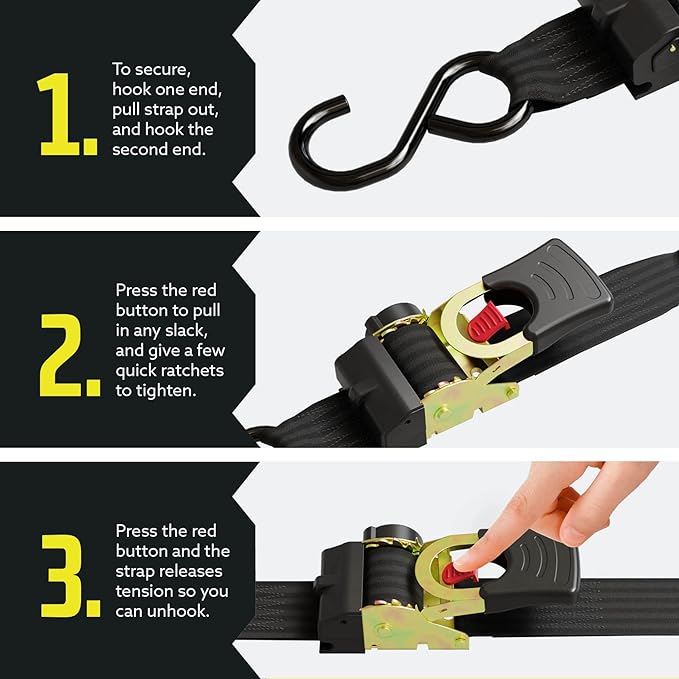 DC Cargo Mall Auto Retractable Ratchet Straps (4-Pack) 2” x 6ft, Super Heavy Duty, 4,033lb Break Strength – Tie Down Straps for Cargo, Truck, Trailer, Boats