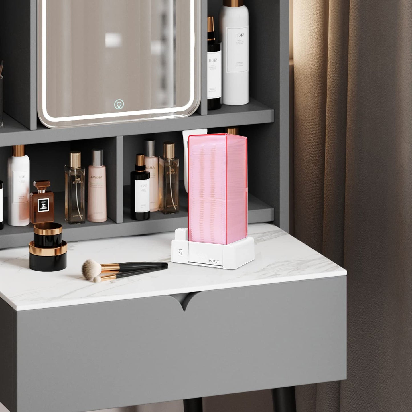 Aukiron Automatic Cotton Pad Holder, Square Press Out Cosmetic Cotton Makeup Removers Pad Holder, Makeup Cotton Organizer Container Dispenser Storage Display Rack(Pink)