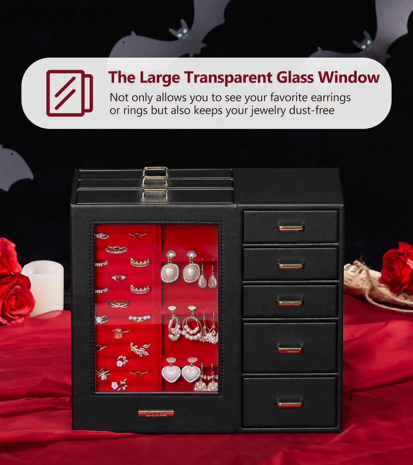 Homde Jewelry Organizer large for Dresser: Big Jewelry Box for Women - Holder with Drawers - Elegent Necklace Earring Ring Display Modern Gift (Black + Red+ Gold)