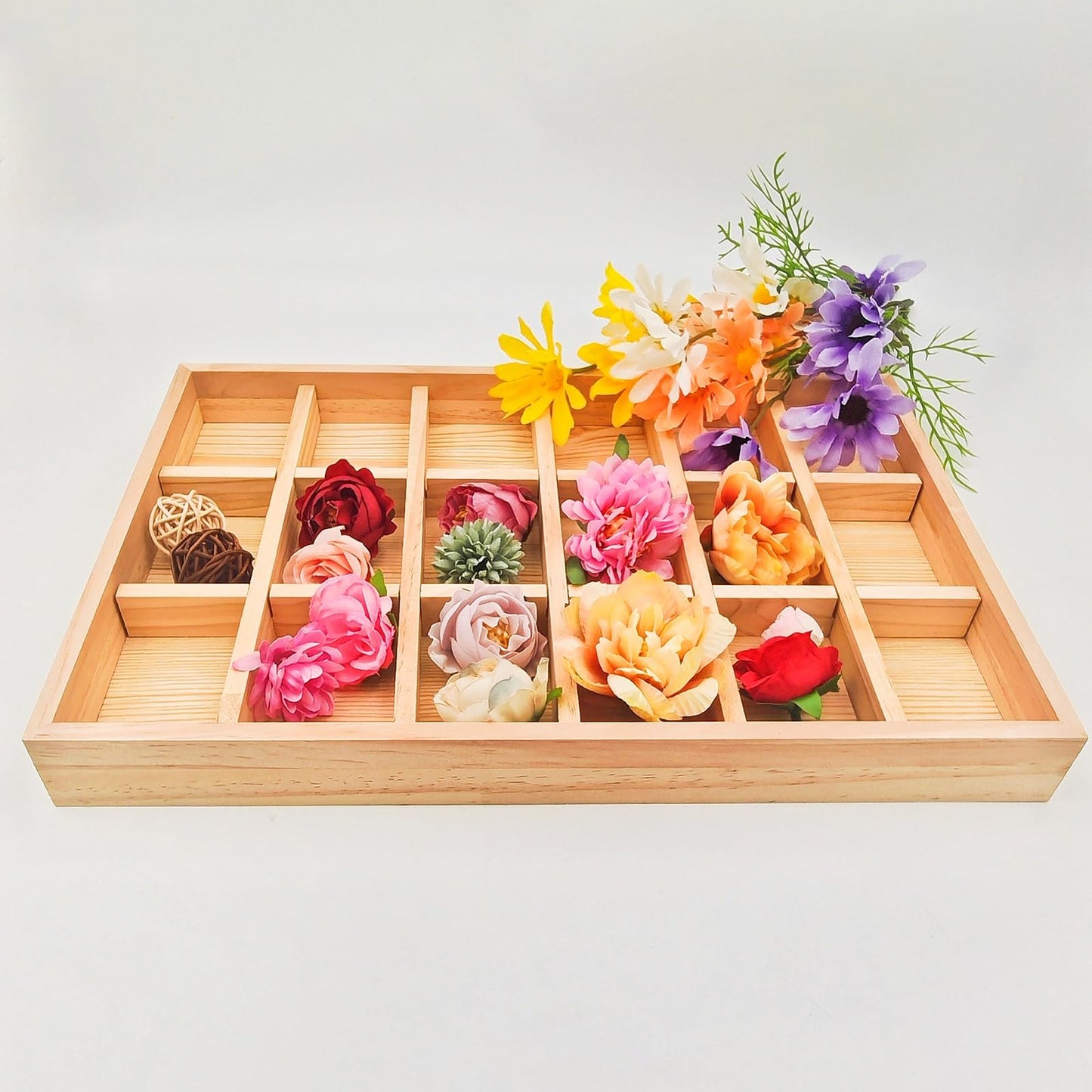 Anktily Wooden Sorting Tray Grid Display, Wood Storage Divider Organizer Showcase Display Box for Home Craft Office Kitchen Storage (18 Grids)