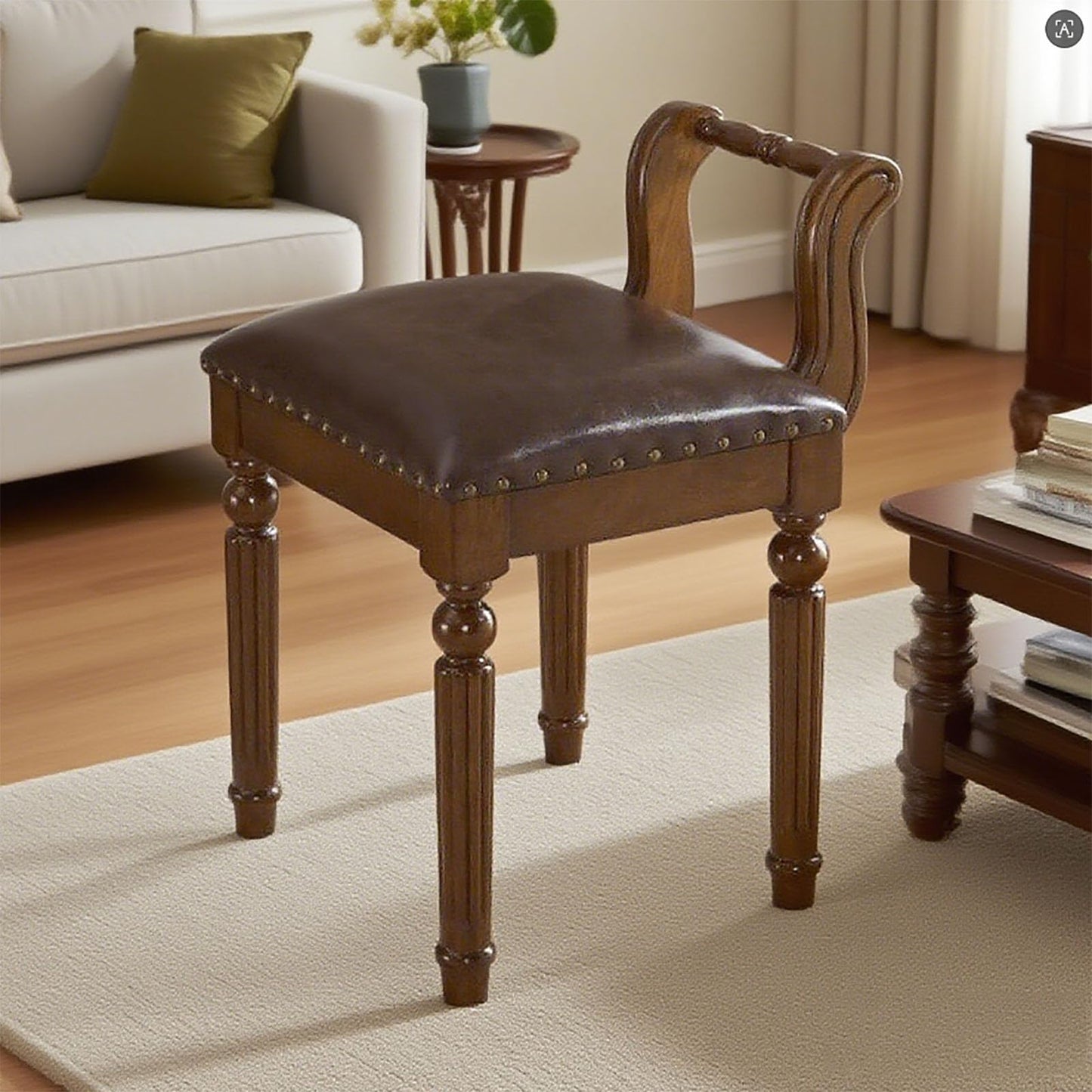 DEBJGO Leather Ottoman Vanity Stool,Brown Chair for Makeup Room,Upholstered Fabric Vanity Bench Seat for Bedroom Living Room Dining Room Makeup Chair Piano (Walnut, 23×17×15)