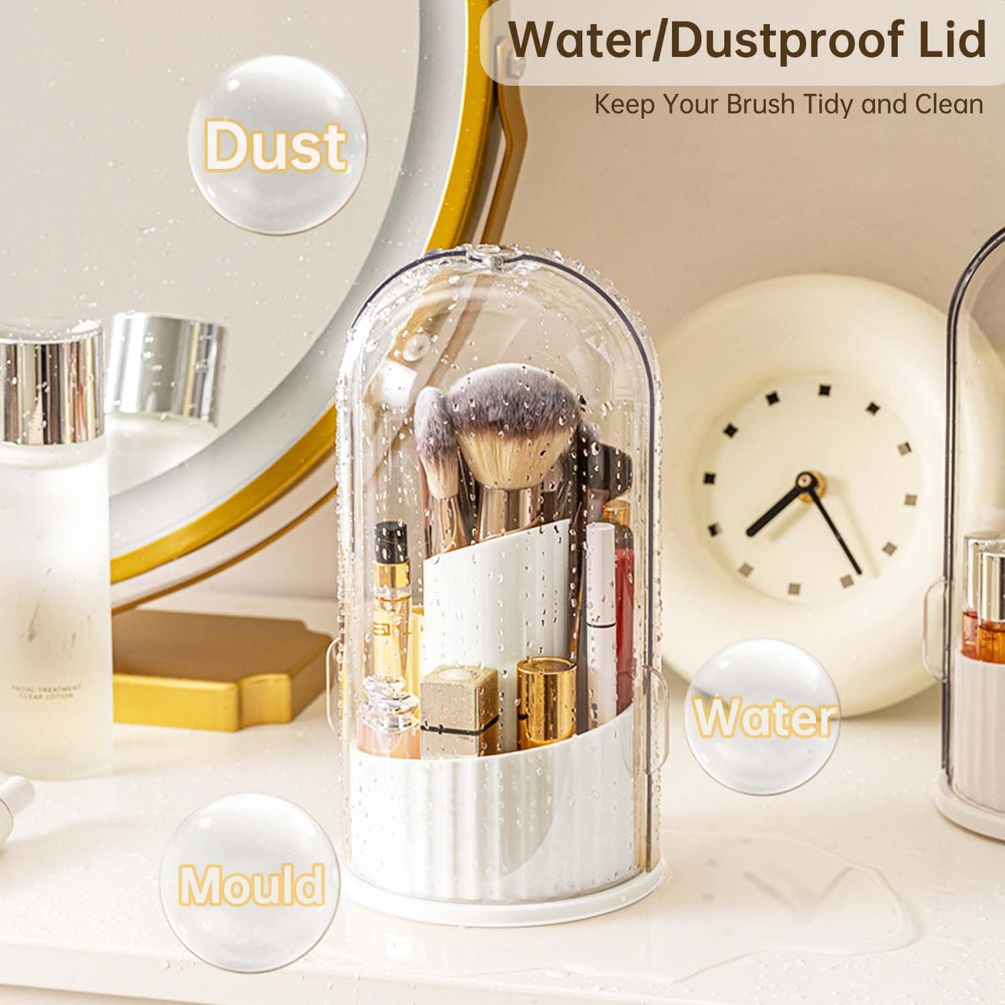 JHFart Makeup Brush Holder Organizer with Lid, 360 Rotating Dustproof Transparent Makeup Brushes Organizer for Vanity Dresser Bathroom Countertop(White with Clear Cover)