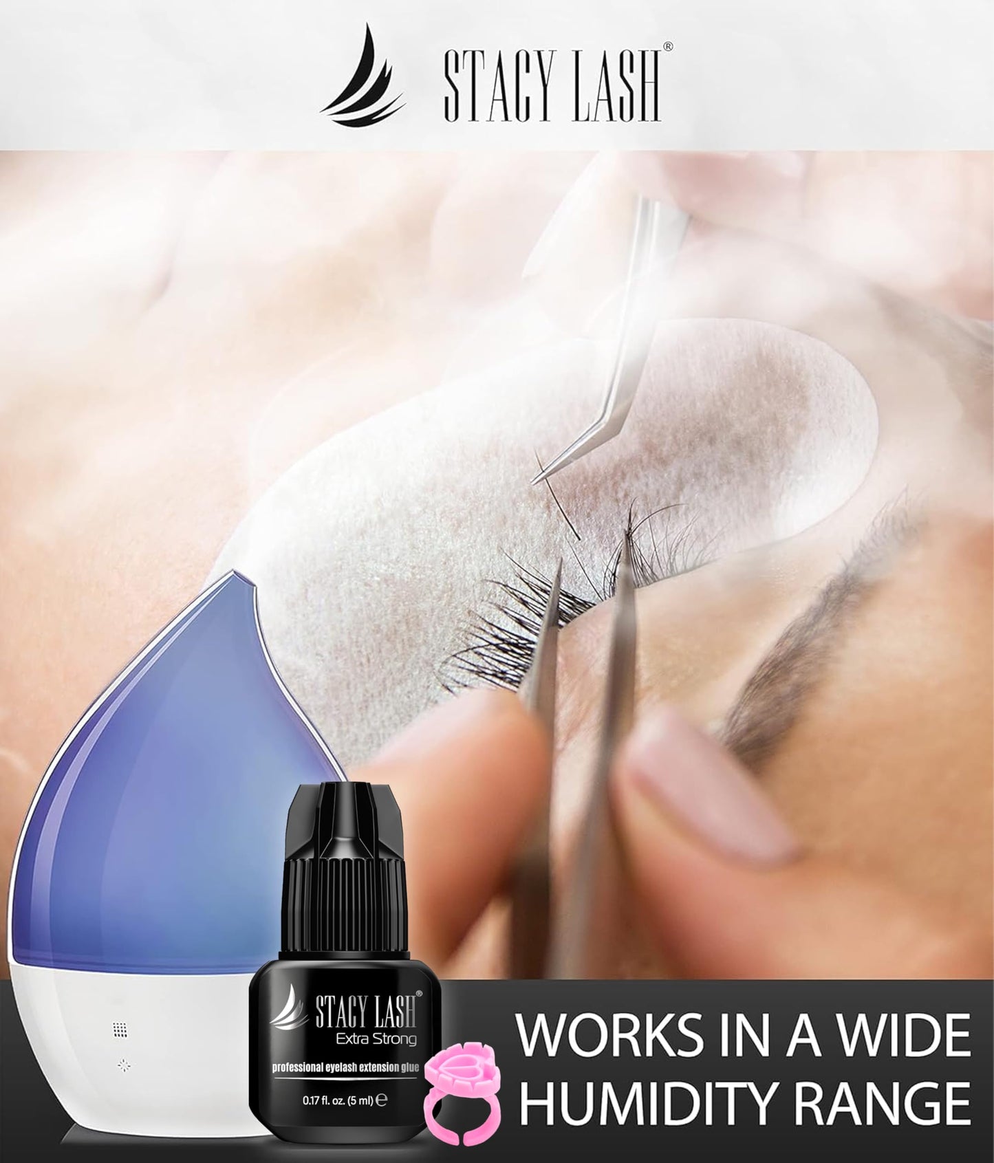 STACY LASH Extra Strong Eyelash Extension Glue (0.17fl.oz / 5ml) / 0.5-1 Sec Dry/Retention – 8 Weeks/Professional Black Adhesive/Lash Tech Supplies + Glue Ring