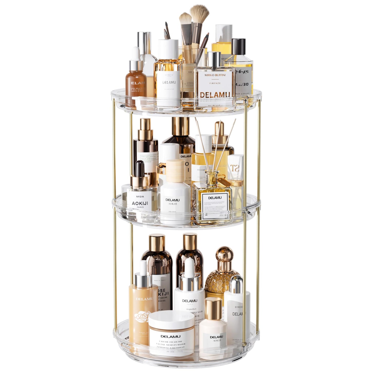 Delamu 3 Tier Rotating Makeup Organizer for Vanity, Bathroom Counter Organizer with Stackable Design, Spinning Skincare Organizer for Bathroom Countertop, Perfume Cosmetic Storage, Clear