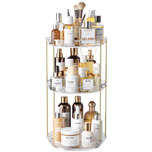 Delamu 3 Tier Rotating Makeup Organizer for Vanity, Bathroom Counter Organizer with Stackable Design, Spinning Skincare Organizer for Bathroom Countertop, Perfume Cosmetic Storage, Clear