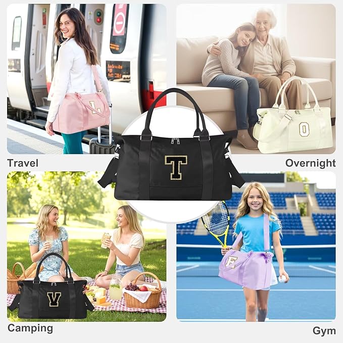 Dance Gym Duffel Bag for Teen Girls, Personalized Initial Travel Weekender Bag,Cute Overnight Carry On Duffle for Women,Sports Travel Cheer Bag,Monogram Christmas Gifts for Tween Preppy(black-T)