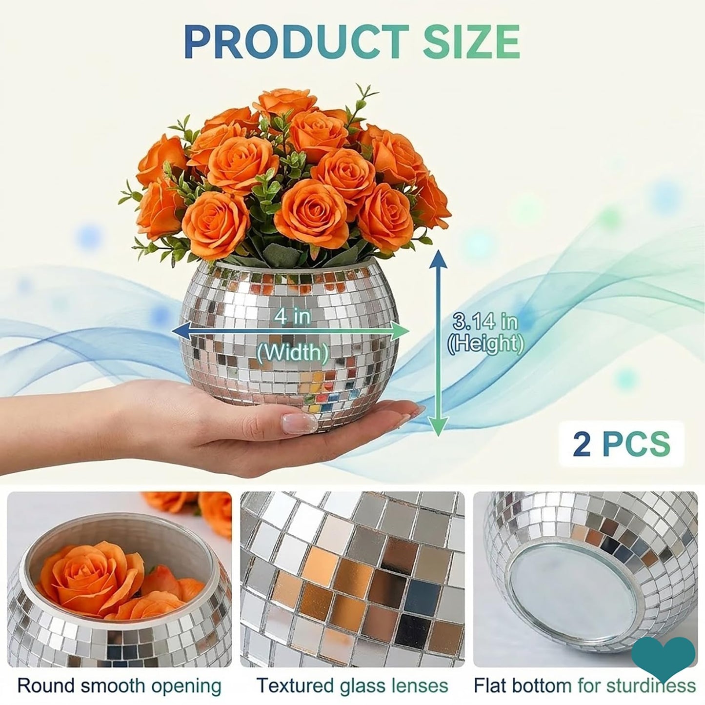 Choary 2 Pack Glass Disco Ball Makeup Brush with Smooth Grouting - Premium Mirror Mosaic Pencil Cup for Desk, Cute Pen Holder, Aesthetic Room Decor Gift (silver)