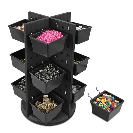 MOOCA Wooden Rotating Pegboard Display with 12 Bins, Pegboard Storage for Countertop, Display Stand For Accessory and Parts, Rotating Rack, Tabletop Rotatable Organizer, Black Color