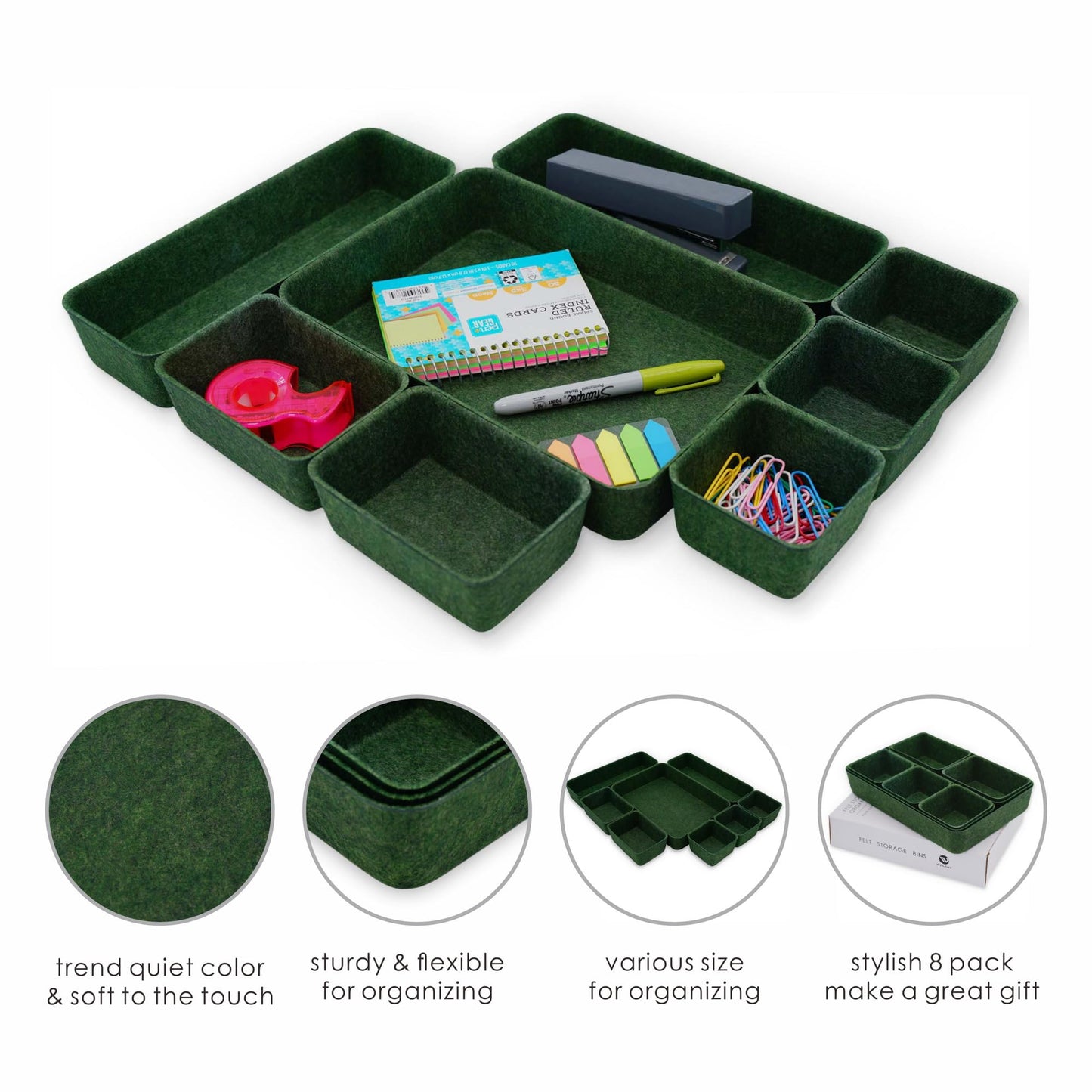 Welaxy Desk drawer organizer bins shallow trays felt storage desktop box for jewelry watches office supplies makeup small key holder minimalism 8-piece (Forest Green)