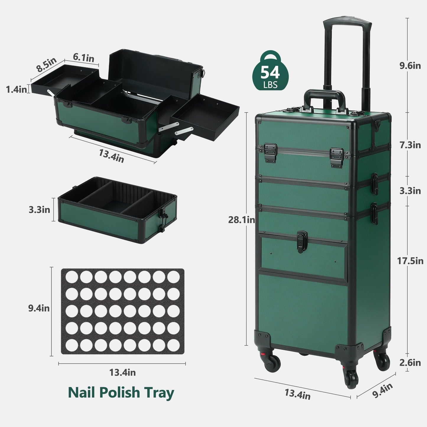 Somduy Rolling Makeup Case with Drawer, Makeup Train Case, 4 in 1Cosmetology Case on Wheels, Christmas Gift, Large Makeup Case Organizers, Profesional Cosmetic Case for Salon Barber, Green
