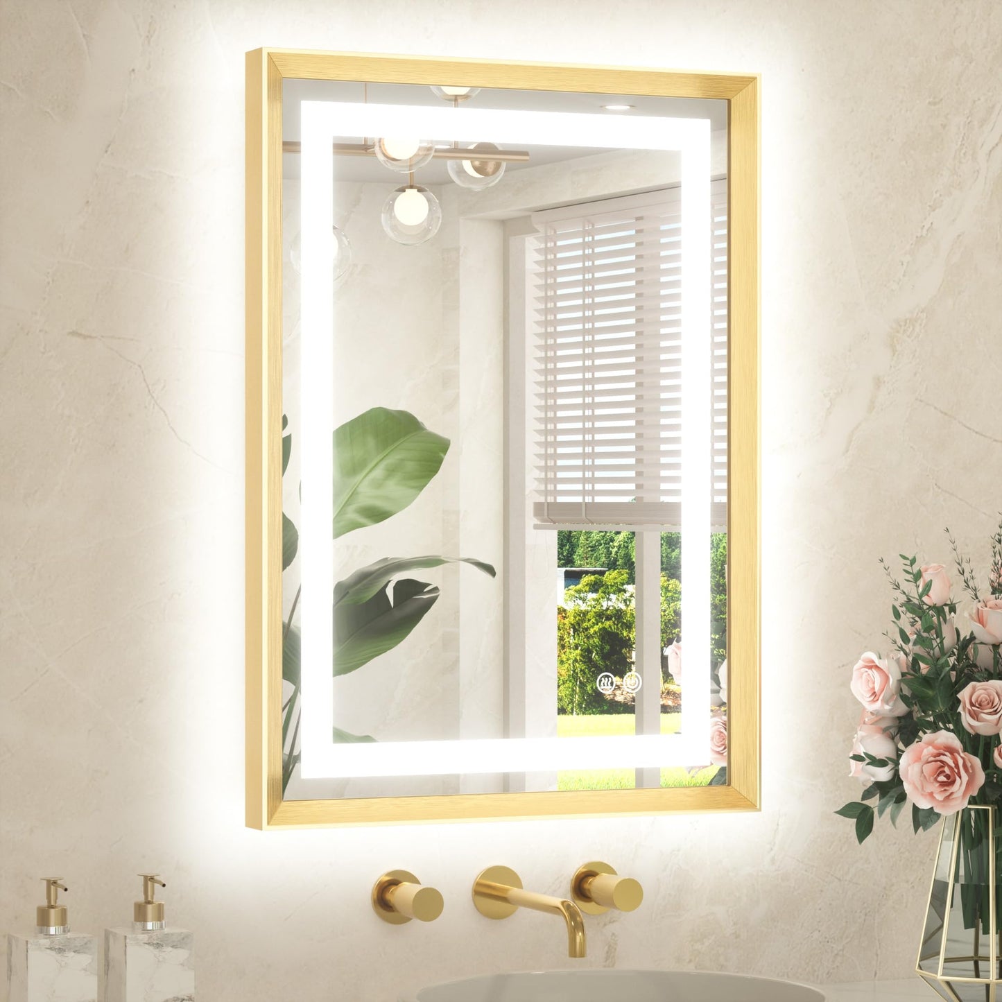 TETOTE 22 x 30 Bathroom LED Mirror Brushed Gold Metal Frame Frontlit & Backlit Vanity Mirror Anti-Fog Stepless Dimmable 3 Colors White/Warm/Natural Mirror with Lights Wall-Mounted