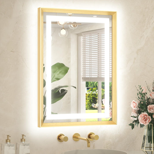 TETOTE 22 x 30 Bathroom LED Mirror Brushed Gold Metal Frame Frontlit & Backlit Vanity Mirror Anti-Fog Stepless Dimmable 3 Colors White/Warm/Natural Mirror with Lights Wall-Mounted