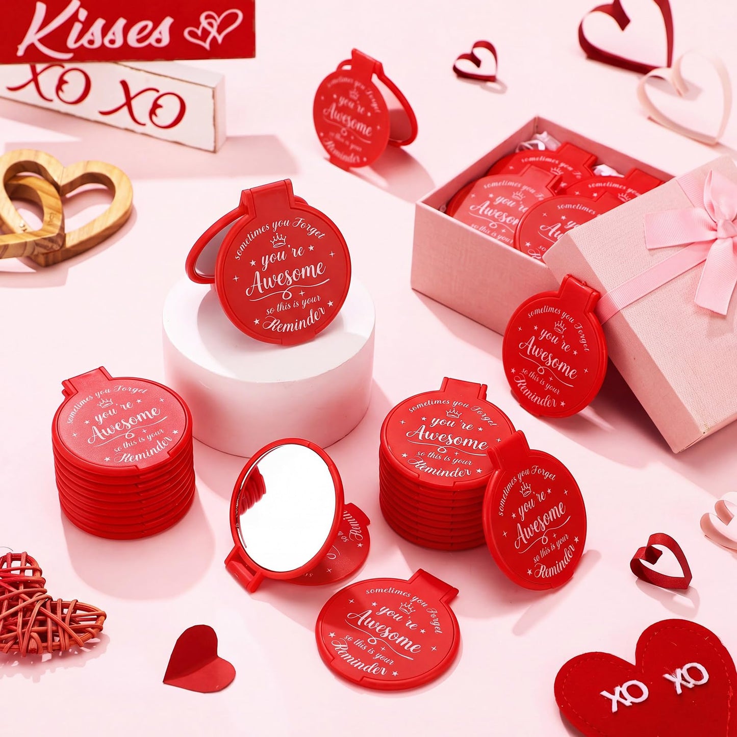 Gulfmew 100 Pcs 2.76 Inch Inspirational Compact Mirror Bulk Women Small Gifts Graduation Mothers Day Party Favors Purse Mirror Pocket Mini Items for Adult Coworker Cheerleader Swag Bag (Red)